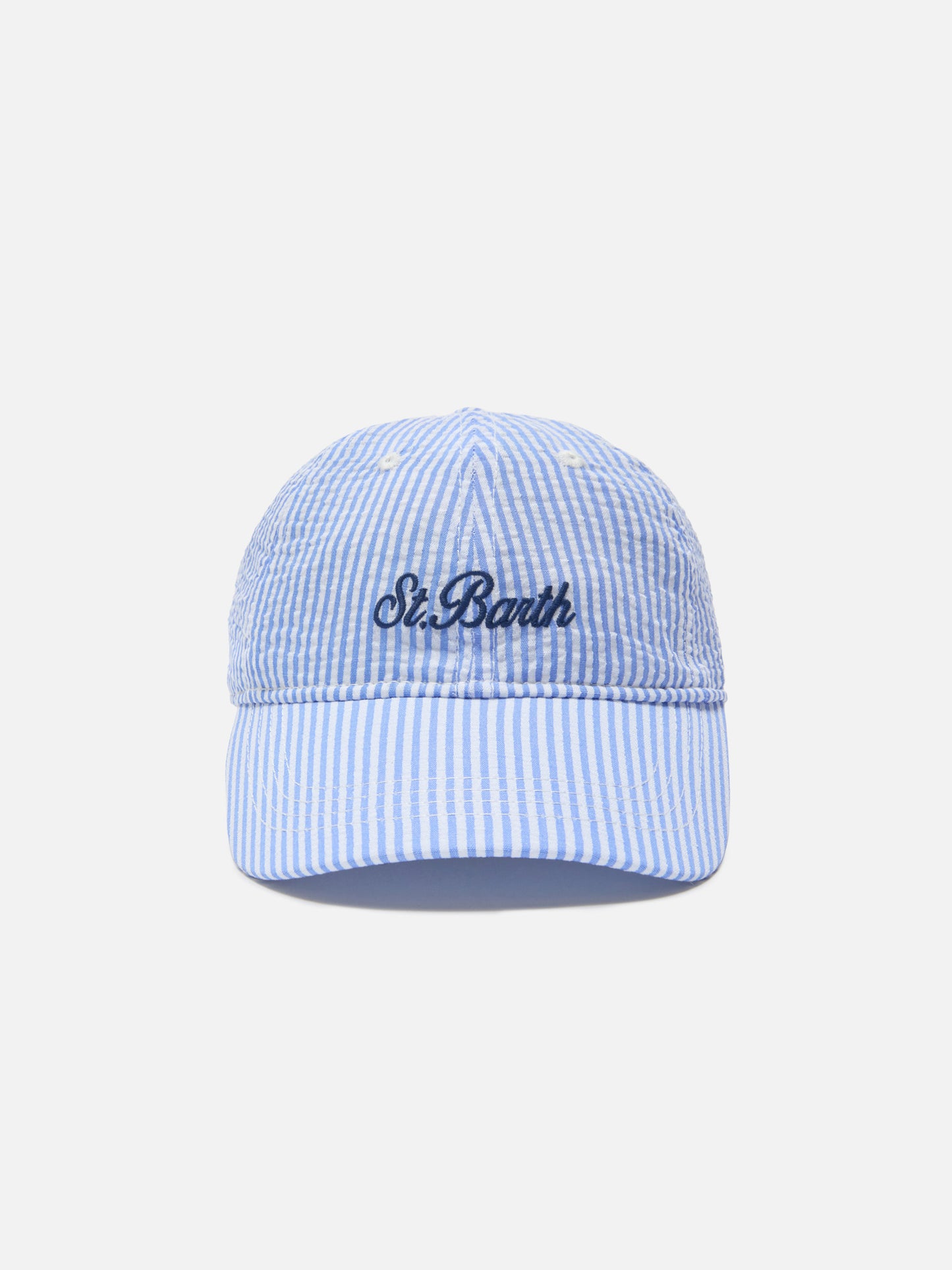 Cappellino Baseball con visiera in cotone seersucker a righe azzurre e bianche