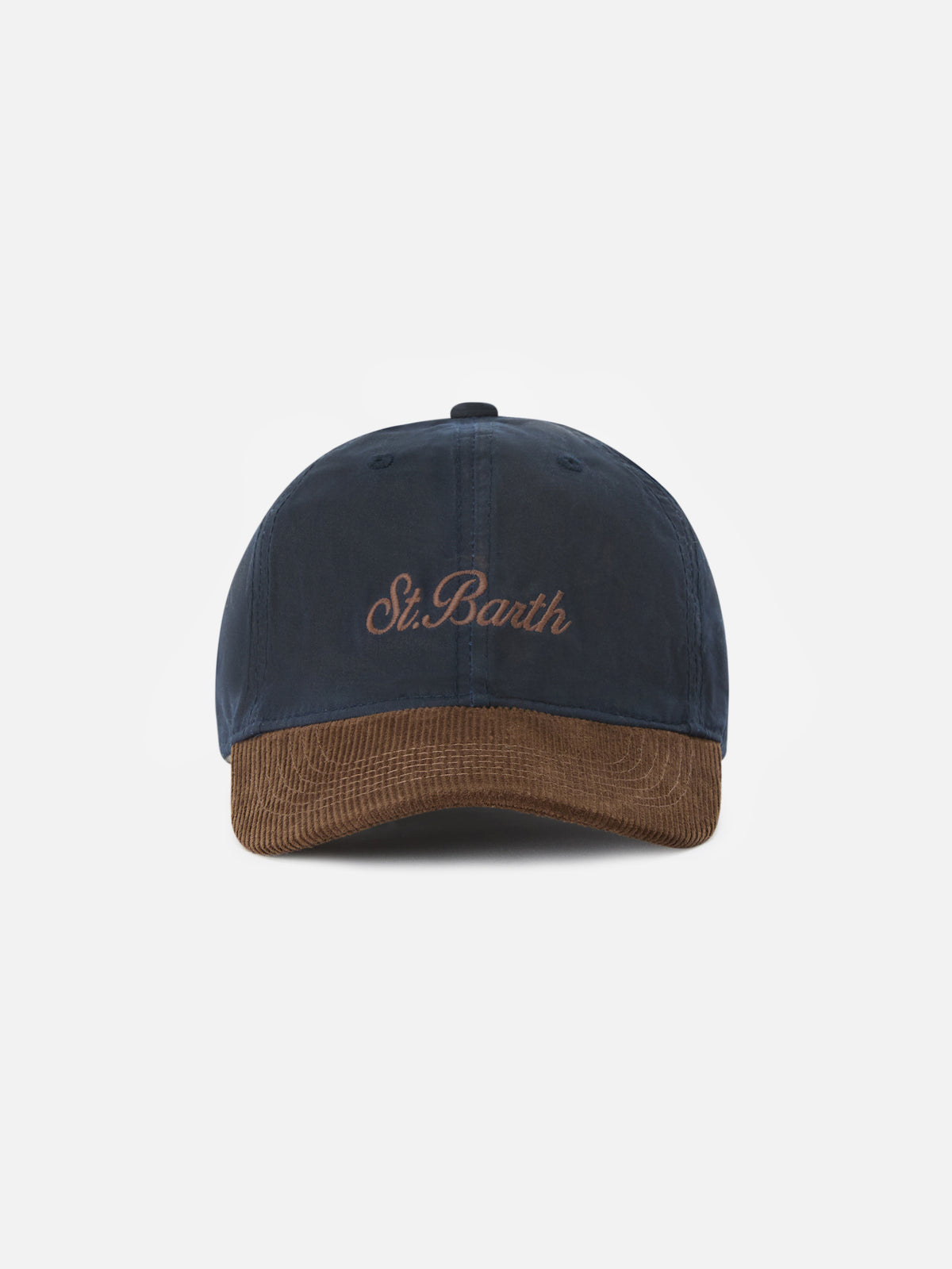 Marineblaue Kappe aus gewachstem Cord in blue Baseball mit Logostickerei 
