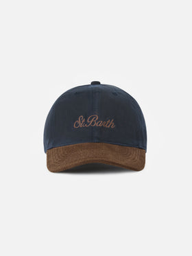 Marineblaue Kappe aus gewachstem Cord in blue Baseball mit Logostickerei 