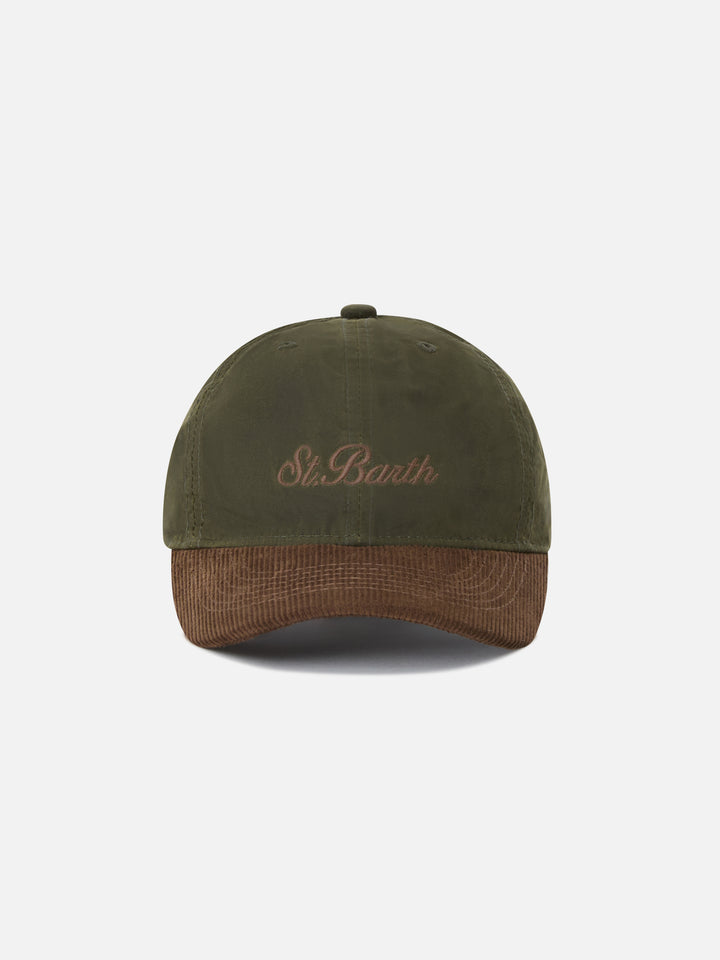 Cappello Baseball verde militare in velluto a coste cerato con ricamo logo
