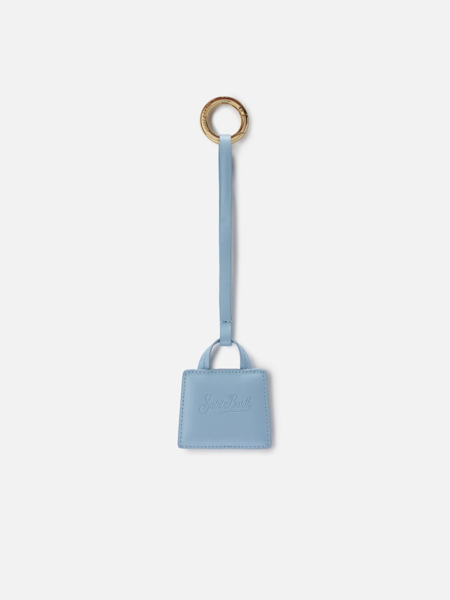 Light blue smooth leather bag charm with embossed logo
