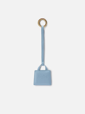 Light blue smooth leather bag charm with embossed logo