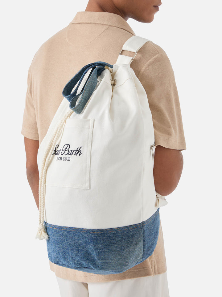 Beach Backpack in fabric white and light blue with embroidered logo