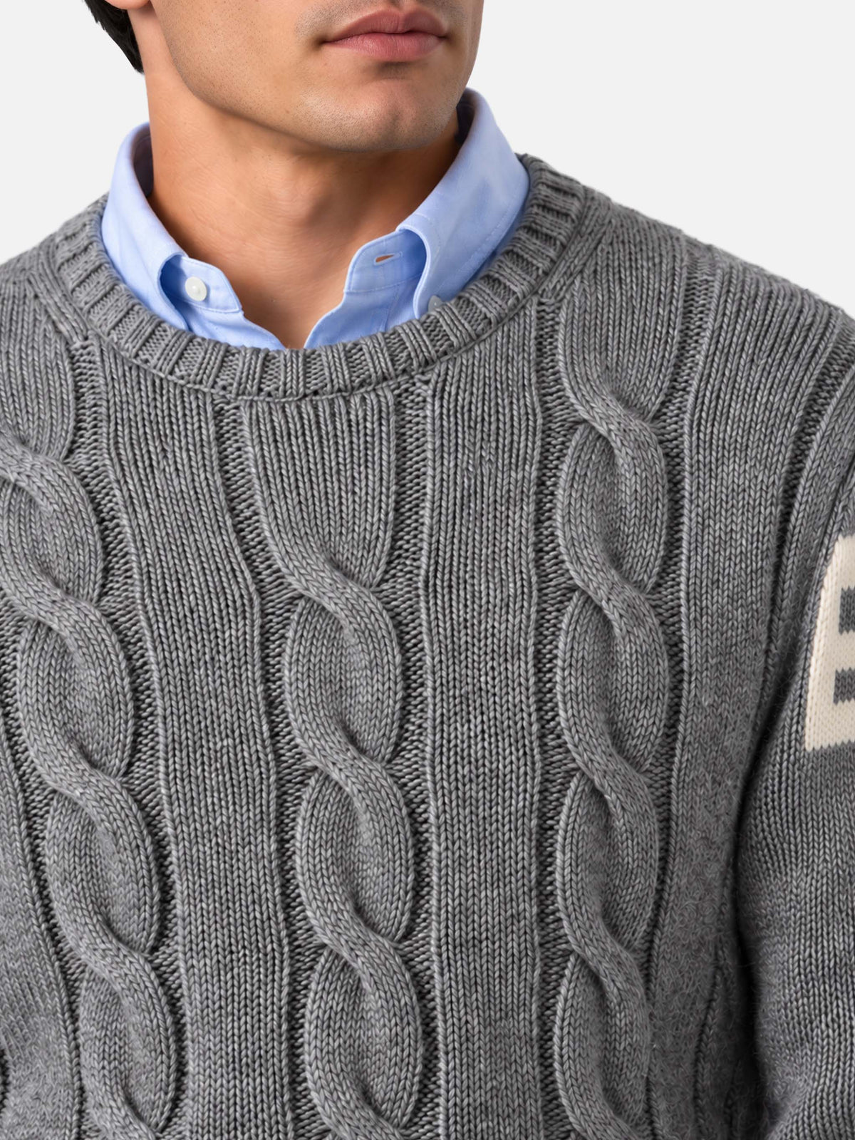Grey melange Bergen cable knit sweater with logo jacquard
