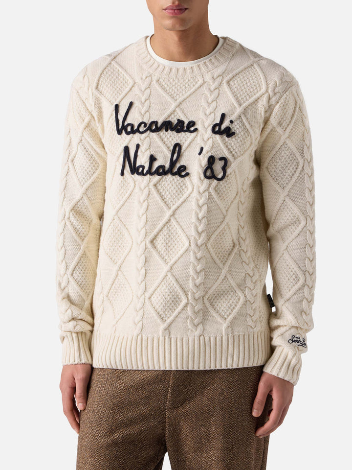 White crewneck sweater Bergen Tricot with Vacanze di Natale '83 embroidery