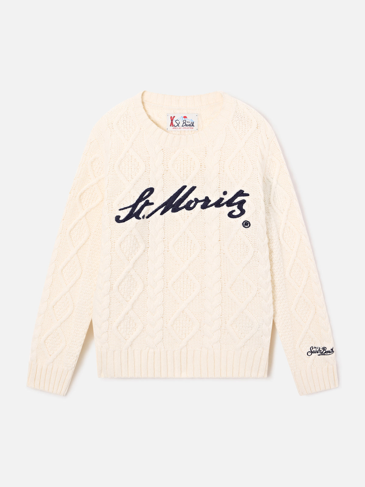Cream Bergen cable knit crewneck with St. Moritz embroidery | Special edition