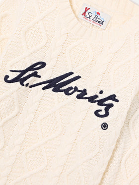 Cream Bergen cable knit crewneck with St. Moritz embroidery | Special edition