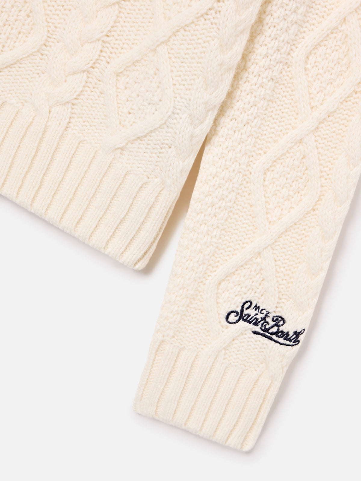 Cream Bergen cable knit crewneck with St. Moritz embroidery | Special edition