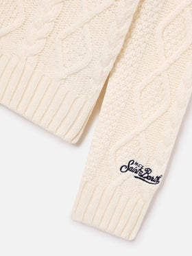 Cream Bergen cable knit crewneck with St. Moritz embroidery | Special edition