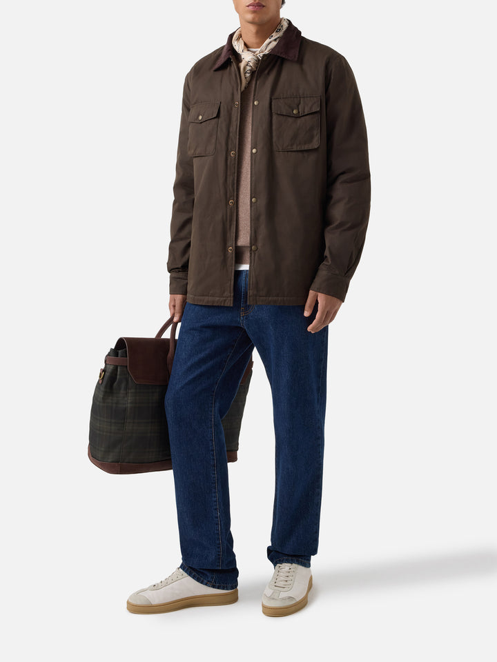 Military green Bexley waxed overshirt with corduroy collar