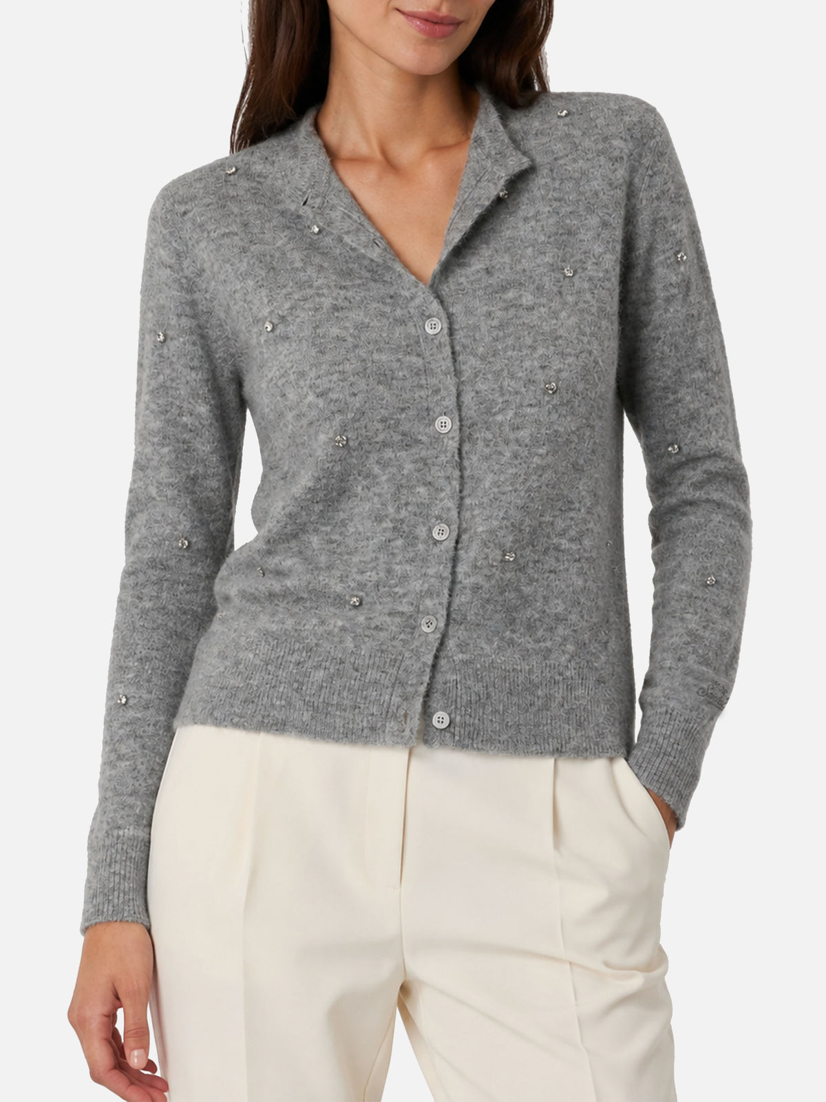 Cardigan Bellamy in maglia con strass grigio