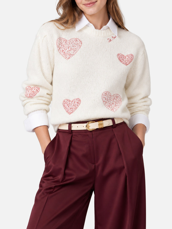 Jersey Bloom Soft blanco con acabado cepillado y corazones de strass rojos 