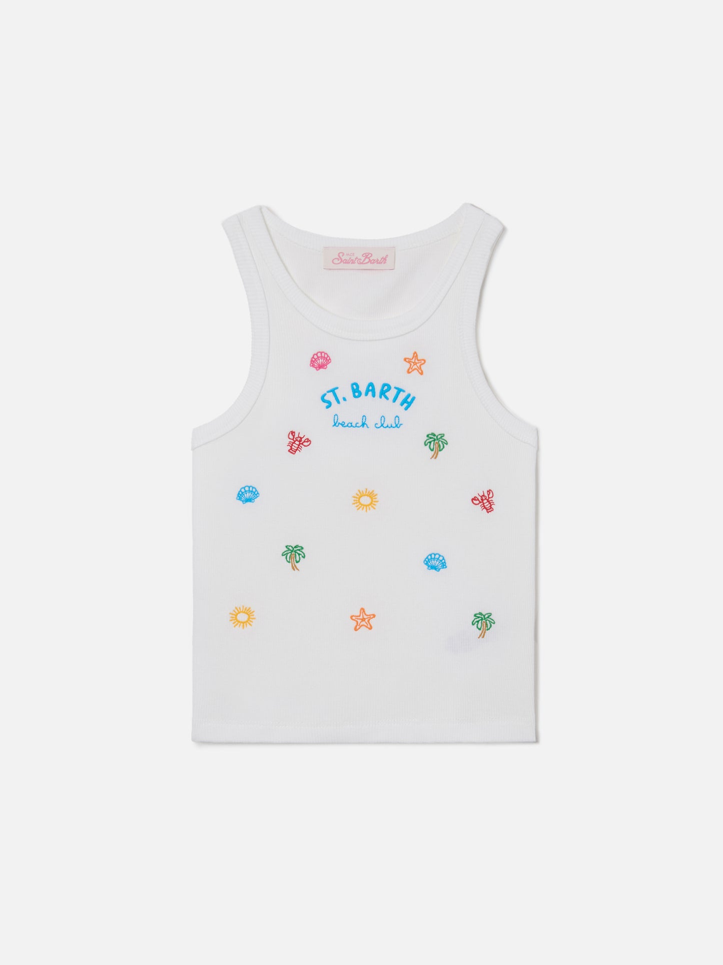 Débardeur Blue Jr en coton stretch blanc avec broderie multicolore 