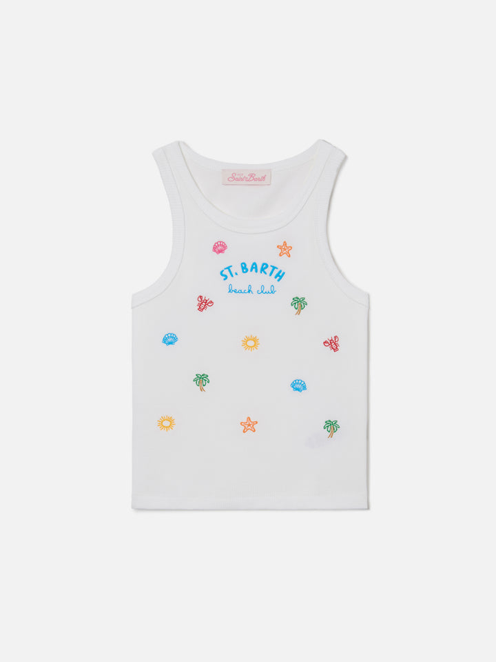 Top Blue Jr in cotone elasticizzato bianco con ricami multicolor