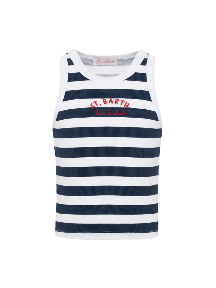 Blue Jr marineblau gestreiftes Rippenstrick-Top aus Baumwolle mit Stickerei