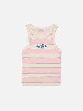 Blue Jr Tank-Top with pink, white and green stripes and embroidered logo