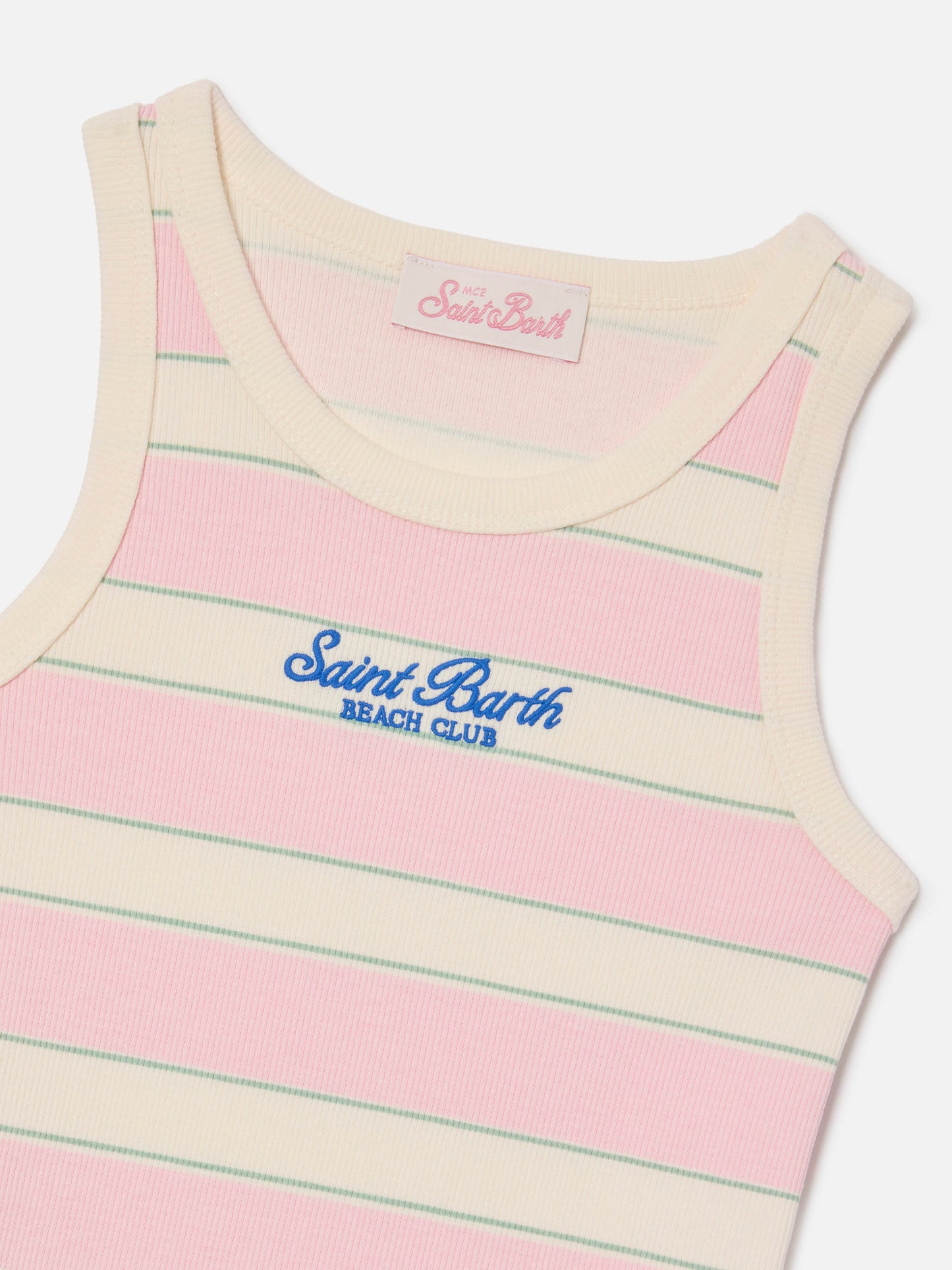 Blue Jr Tank-Top with pink, white and green stripes and embroidered logo