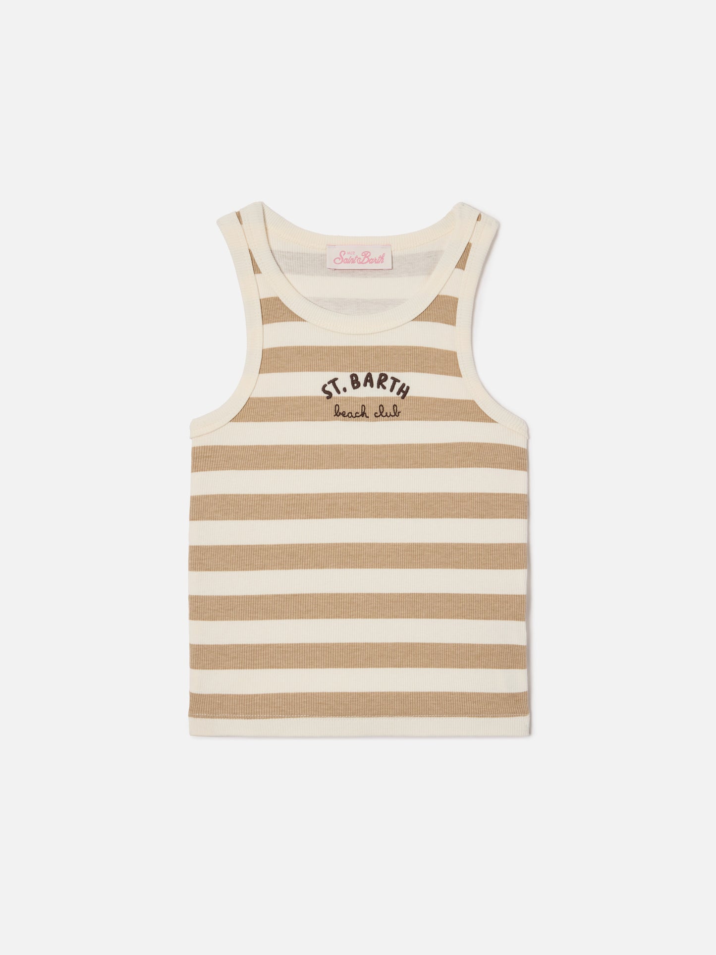 Blue Jr Tank-Top with beige and white stripes and embroidered logo