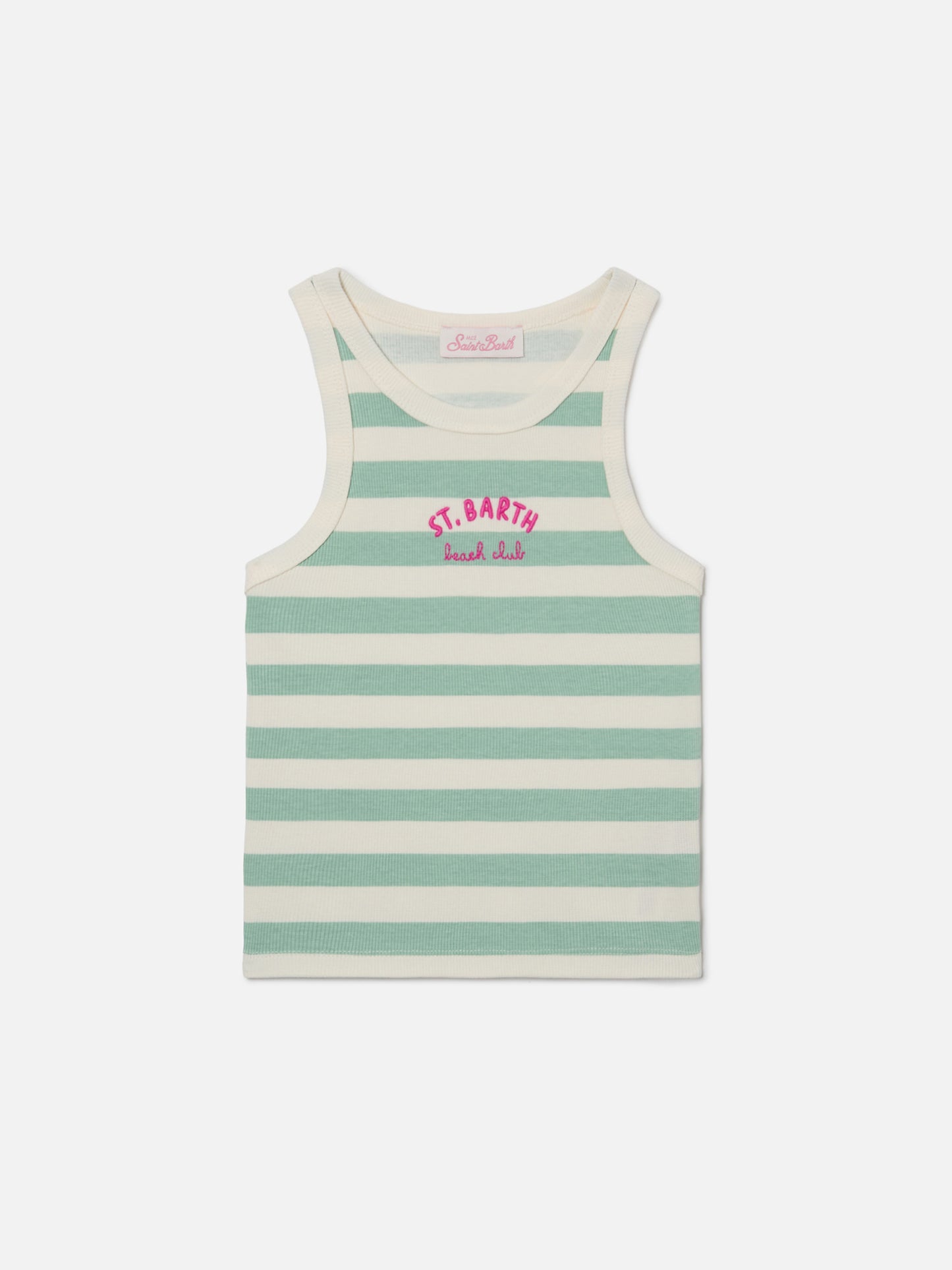 Camiseta de tirantes Blue Jr con rayas verdes y blancas y logo bordado 