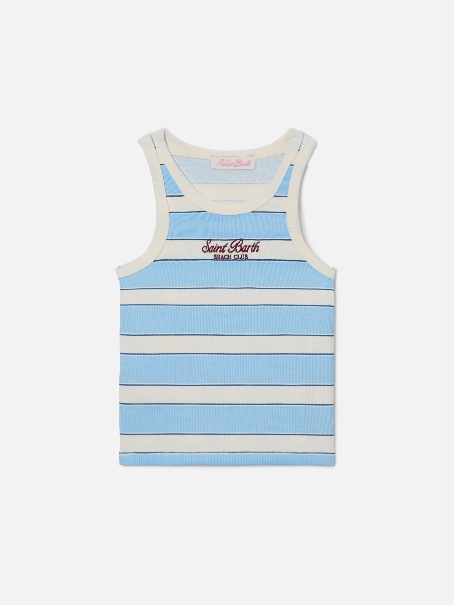 Camiseta de tirantes Blue Jr con rayas azul claro y color crema y logotipo bordado 