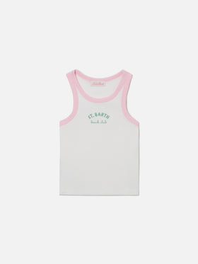 Blue Jr Tank-Top in white with embroidered logo and pink trims