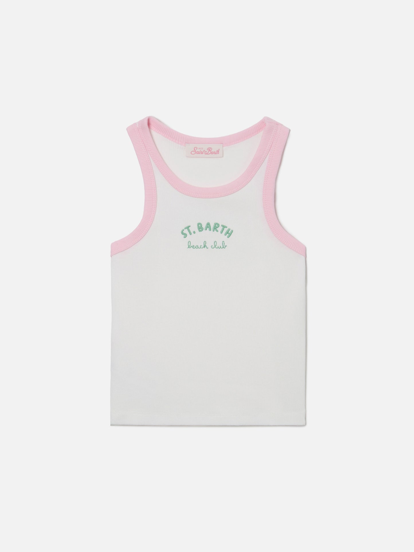 Camiseta de tirantes Blue Jr en blanco con logo bordado y ribetes rosas 