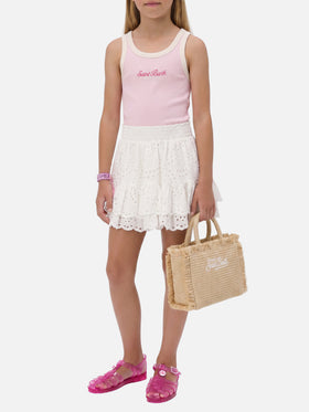 Blue Jr Tank-Top in pink with embroidered logo and cream trims