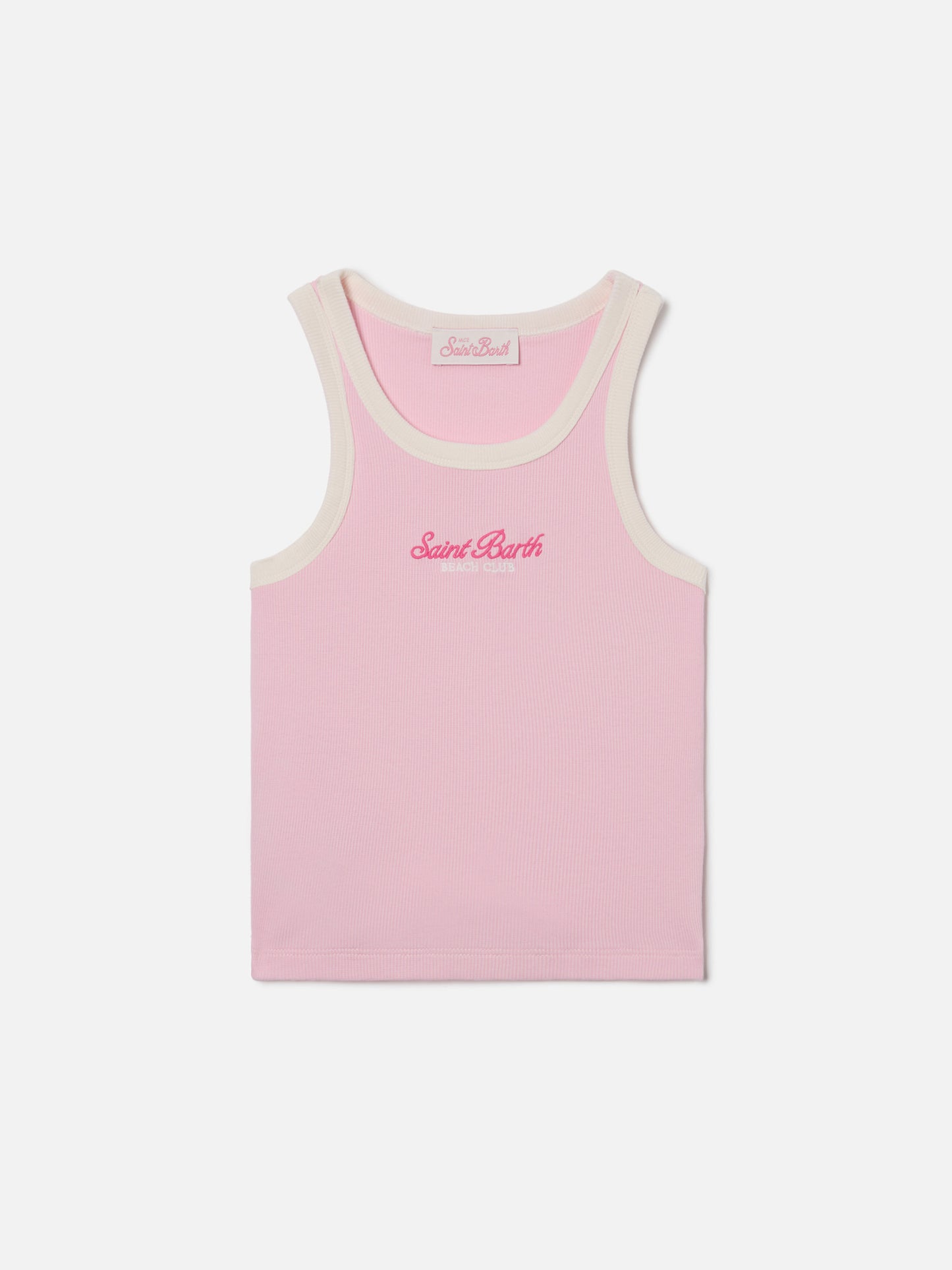 Camiseta de tirantes Blue Jr en rosa con logo bordado y ribetes color crema 