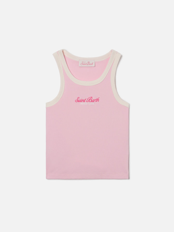 Blaues Jr Tanktop in Pink mit gesticktem Logo und cremefarbenen Abschlüssen 