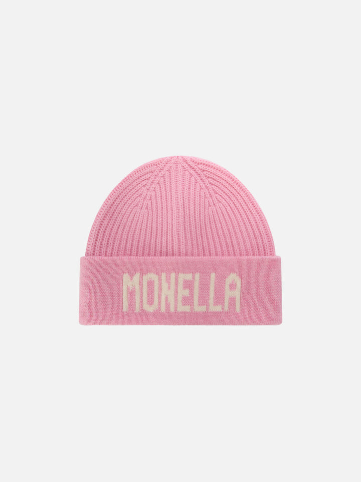 Pink Benjie beanie with Monella lettering