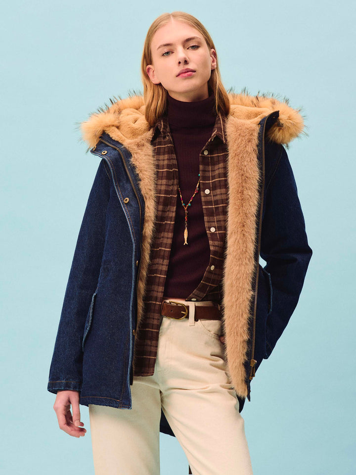 Blue Parka Brenna en denim de coton avec capuche en fausse fourrure 