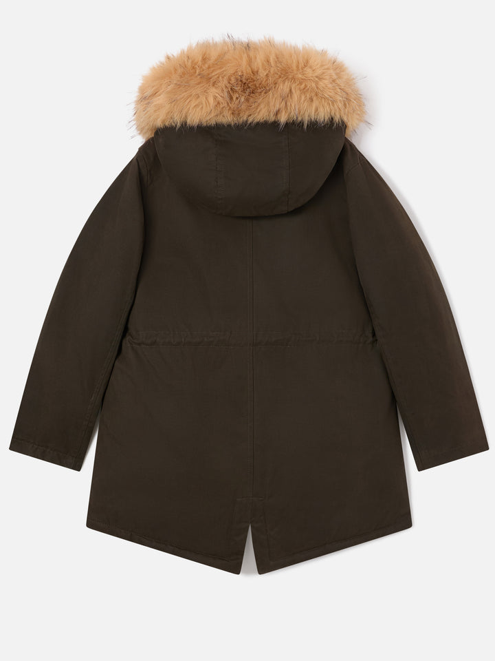 Parka cirée Brenna vert militaire avec capuche en fausse fourrure 
