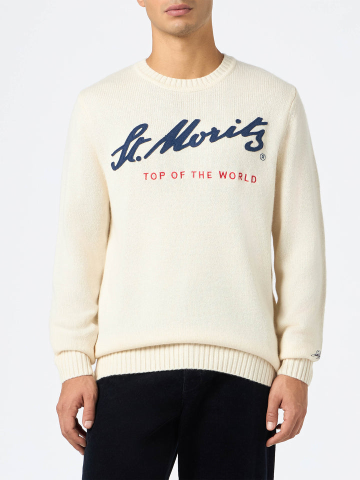 Man white sweater Bombardino with St. Moritz Top of the World print | ST. MORITZ TOP OF THE WORLD SPECIAL EDITION