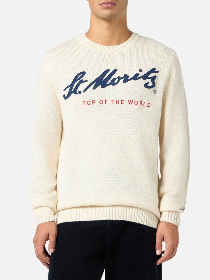 Man white sweater Bombardino with St. Moritz Top of the World print | ST. MORITZ TOP OF THE WORLD SPECIAL EDITION