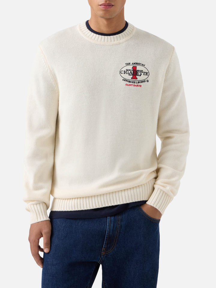 Cremefarbener Bombardino Light Strickpullover mit Rundhalsausschnitt und Cigarette Stickerei auf der Rückseite | Special edition 