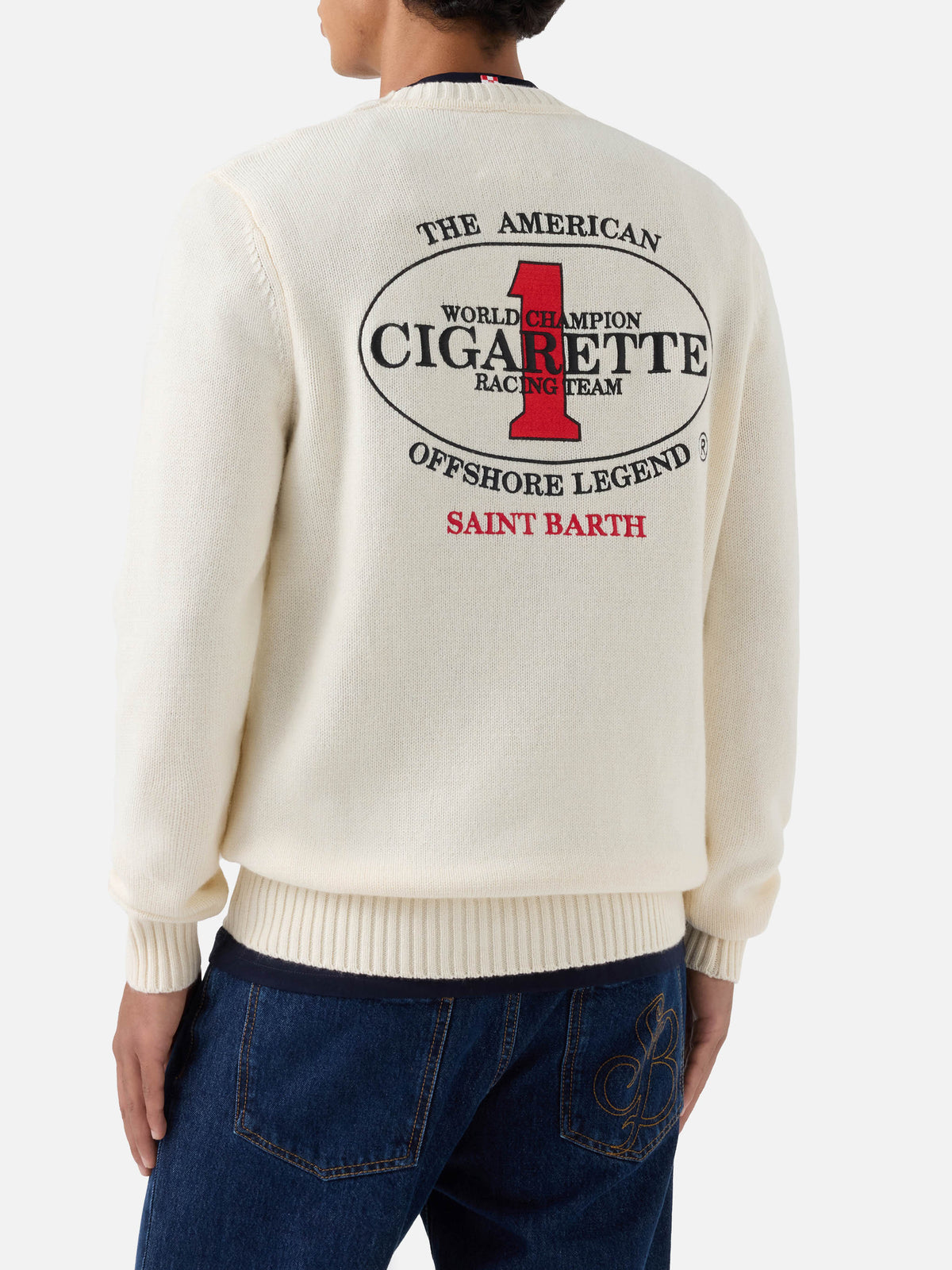 Cremefarbener Bombardino Light Strickpullover mit Rundhalsausschnitt und Cigarette Stickerei auf der Rückseite | Special edition 