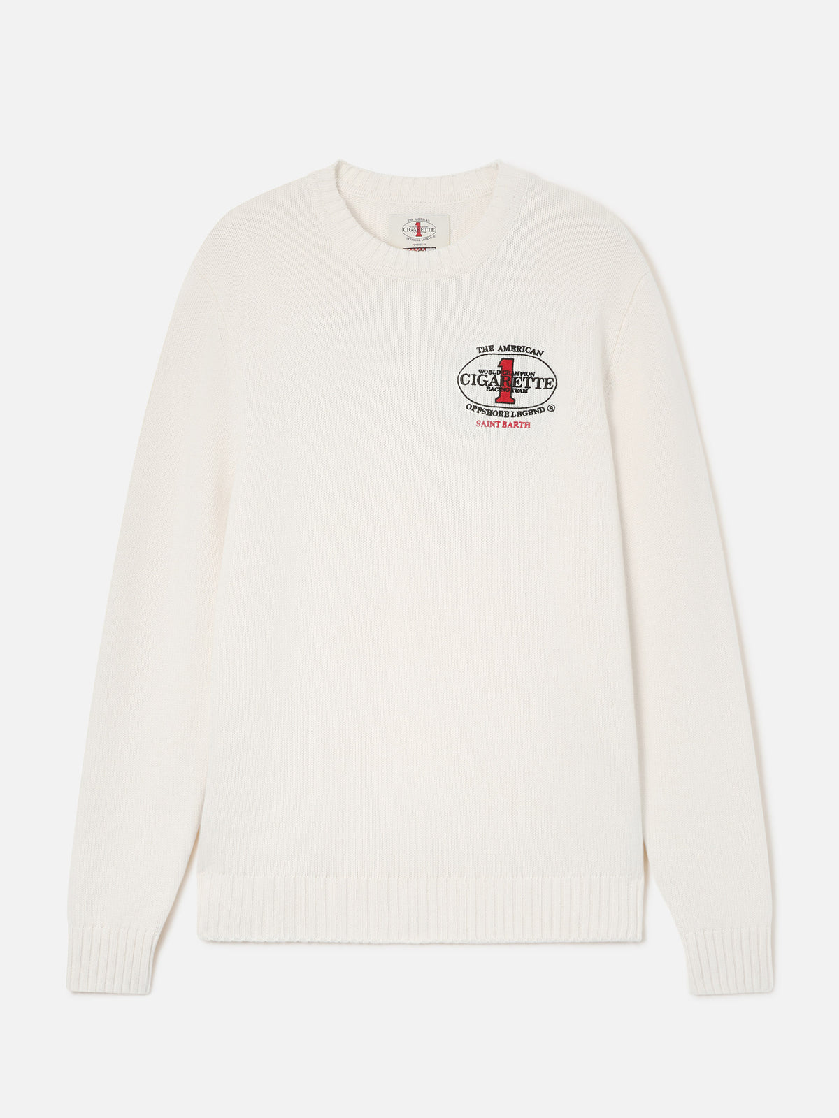 Cremefarbener Bombardino Light Strickpullover mit Rundhalsausschnitt und Cigarette Stickerei auf der Rückseite | Special edition 