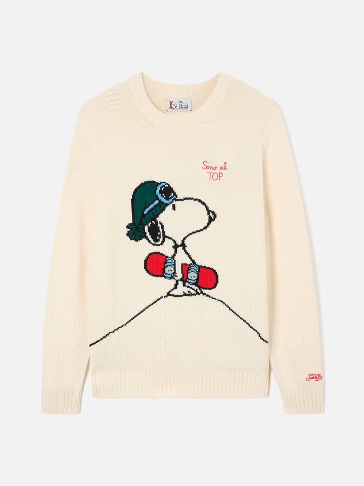 Pull en maille léger écru à col rond avec intarsia et broderie Snoopy | Special edition 