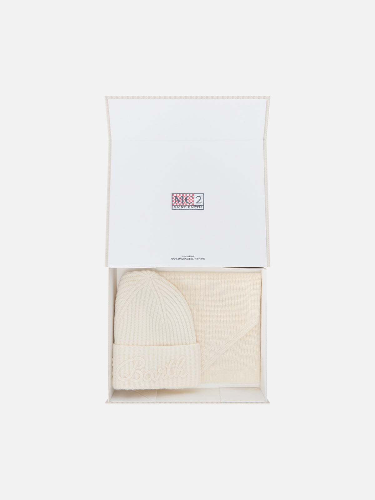 Conjunto de gorro de lana color off white y bufanda con capucha 