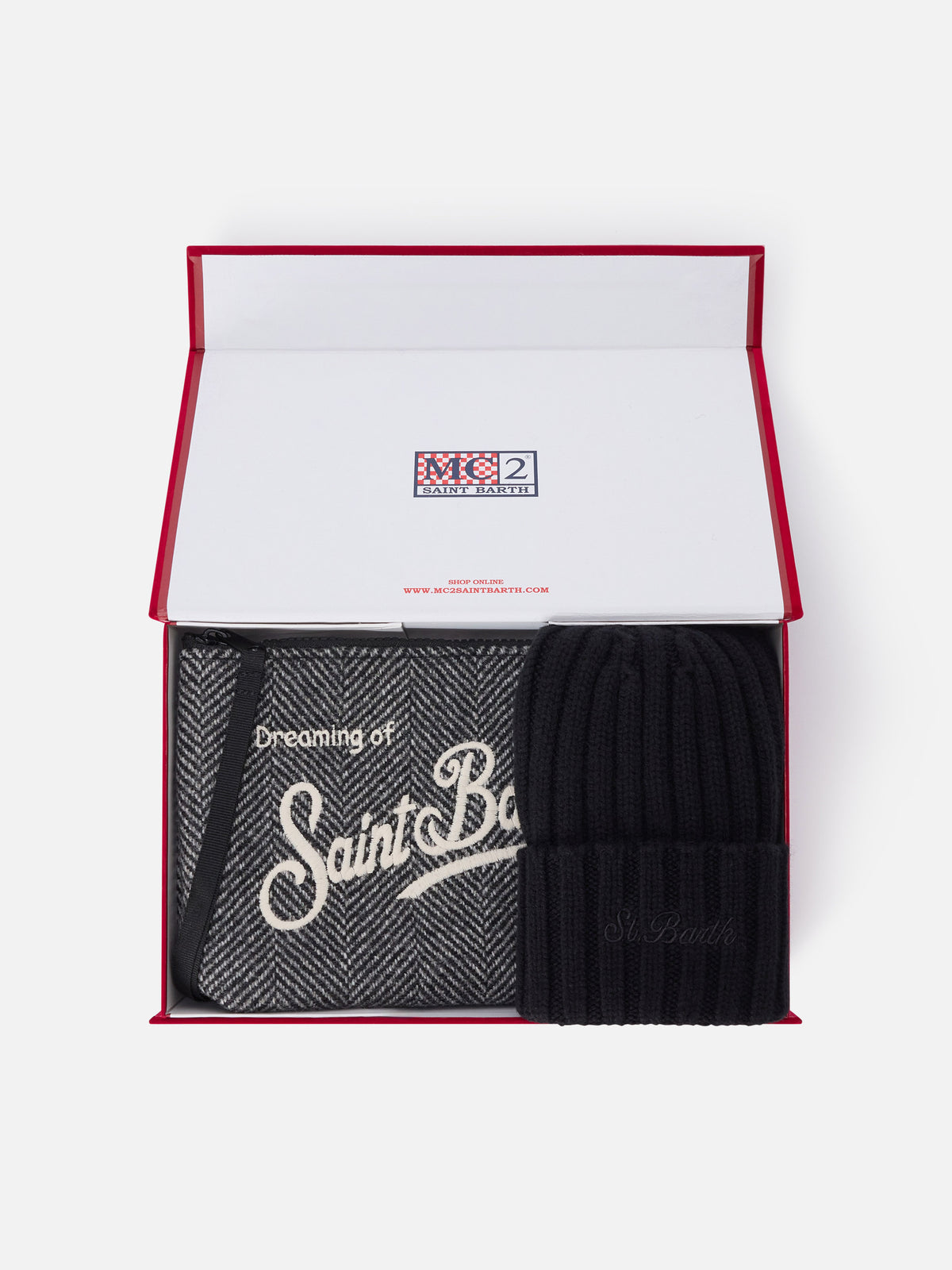 Set pochette con motivo spigato e berretto nero