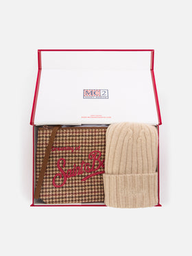 Conjunto de Pochette con motivo de pata de gallo y gorro beige 
