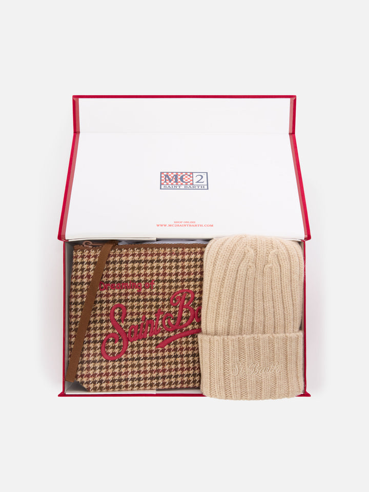 Conjunto de Pochette con motivo de pata de gallo y gorro beige 