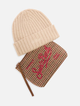 Conjunto de Pochette con motivo de pata de gallo y gorro beige 