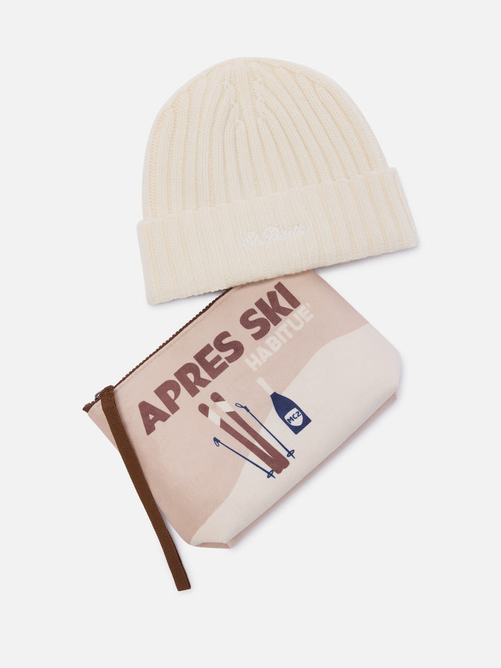 Ensemble Pochette avec imprimé Après Ski et bonnet beige 