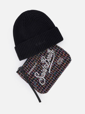 Set aus schwarzem Tweed pochette und schwarzer Beanie-Mütze 