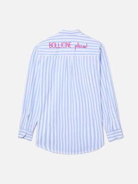 Camicia Brigitte in cotone a righe azzurre con ricamo Bollicine Please!