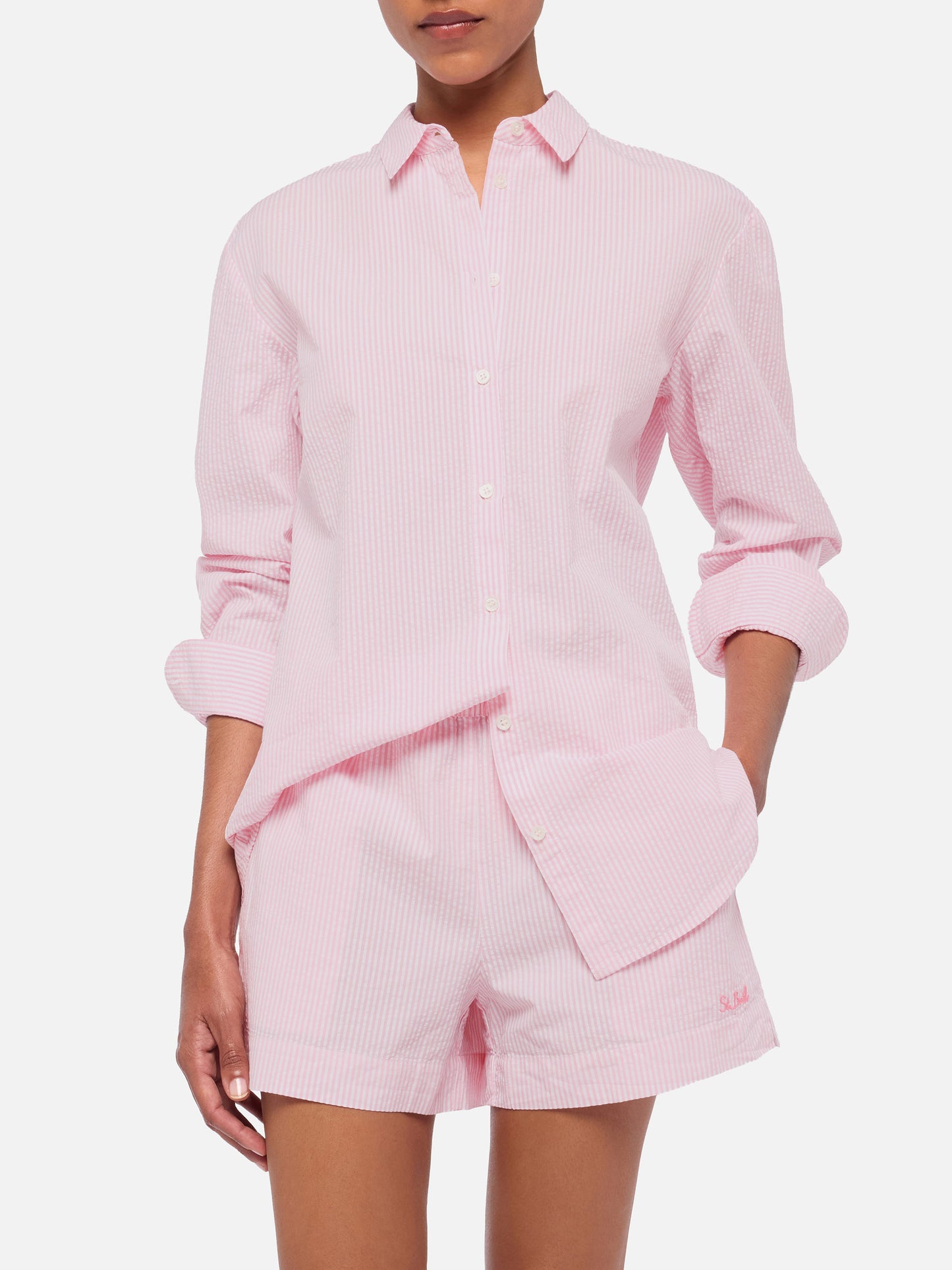 Brigitte striped-print seersucker shirt with Saint Barth embroidery - MC2 Saint Barth