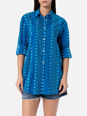 Woman cotton shirt Brigitte with indigo flower print - MC2 Saint Barth