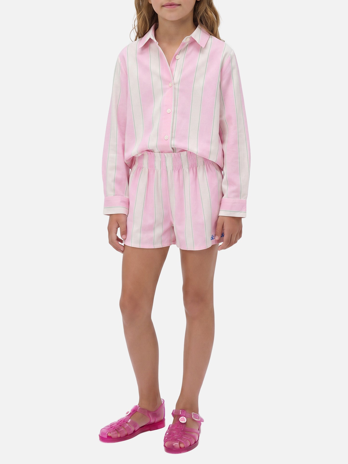 Camisa Mini Brigitte en popelina de algodón a rayas en blanco, rosa y verde 