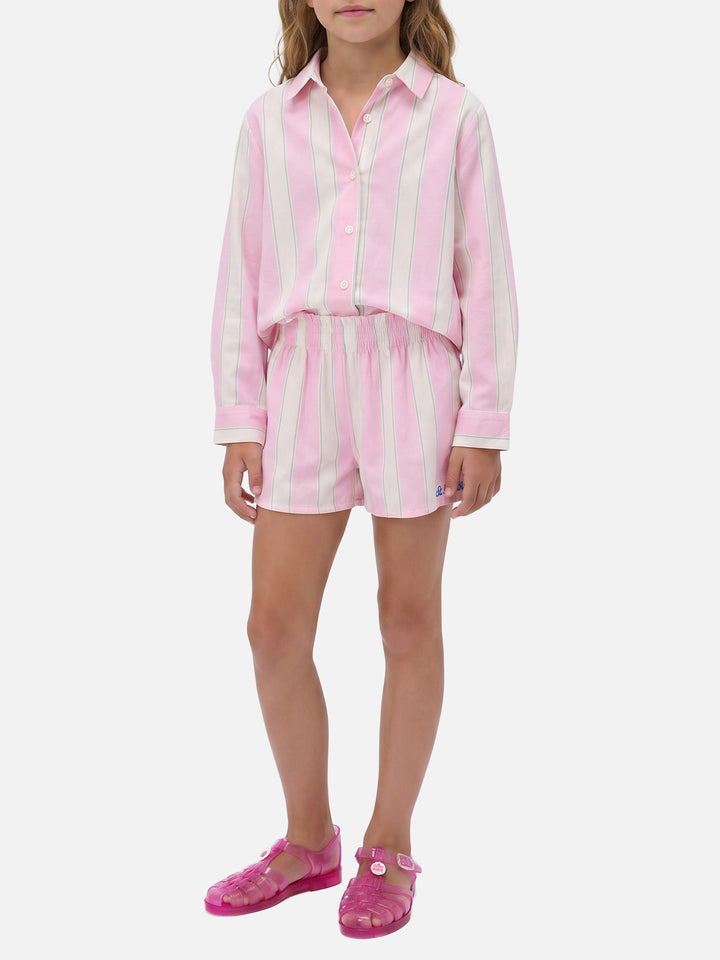 Chemise Mini Brigitte en popeline de coton rayée blanche, rose et verte 